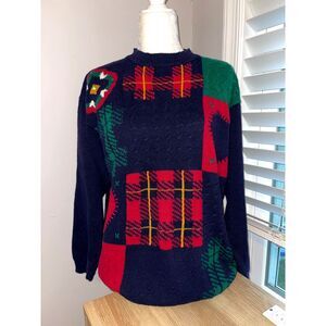 Vintage 90's Jantzen Patchwork Plaid Heart Knit Sweater Grandma Core
